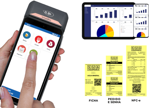 Sistema de PDV móvel com interface de aplicativo, gráficos de análise de vendas e etiquetas de produto
